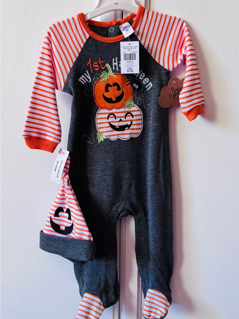 Baby Essentials Black and Orange Striped Pumpkin Footed Romper with Hat